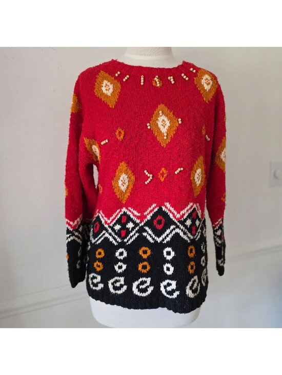 Carole Little Sweaters - Carole Little Hand Knit Ethnic Geometric Sweater Red Black Orange S